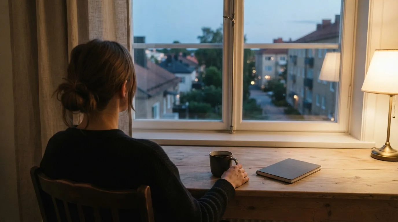 En person sitter vid ett skrivbord hemma med en kopp kaffe och tittar ut genom fönstret medan kvällsljuset faller in mjukt.