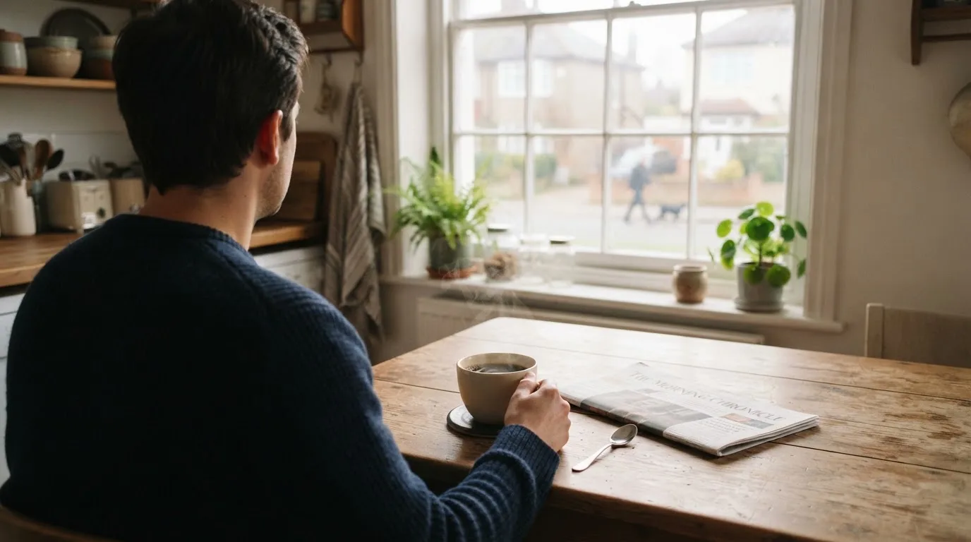 En person sitter vid köksbordet med en kopp kaffe och tittar ut genom fönstret i mjukt morgonljus.