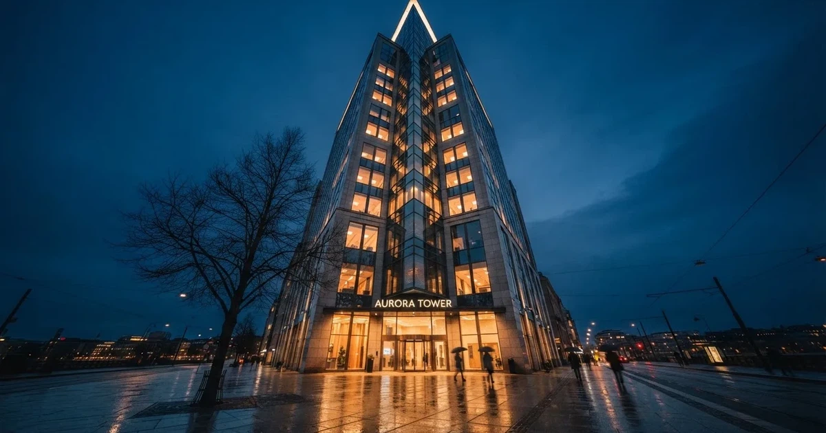 En modern kontorsbyggnad fotograferad underifrån i skymning med tända fönster mot en mörkblå himmel.
