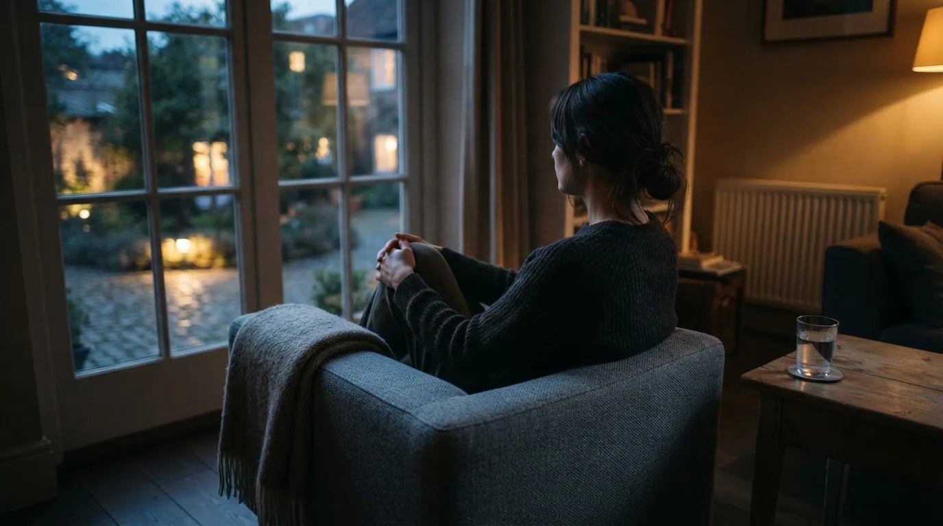 En person sitter ensam i en fåtölj med händerna knäppta och blicken riktad ut genom fönstret en lugn kväll.