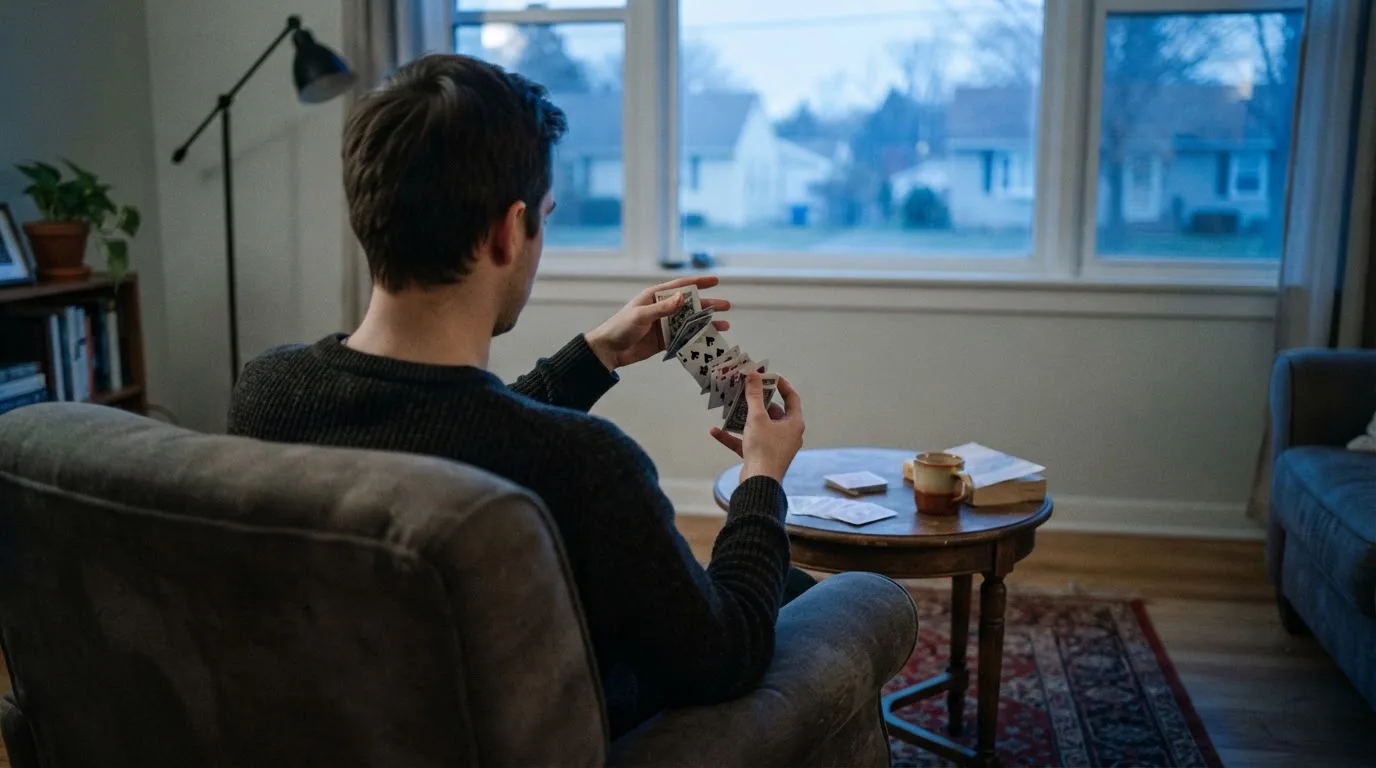 En person sitter hemma i en fåtölj och blandar en kortlek på ett litet bord, med mjukt kvällsljus genom fönstret i bakgrunden.