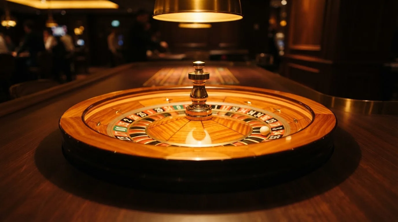 Ett roulettehjul snurrar på ett blankt träbord, den vita kulan glimmar i takljusets guld — spela spelautomater i sverige