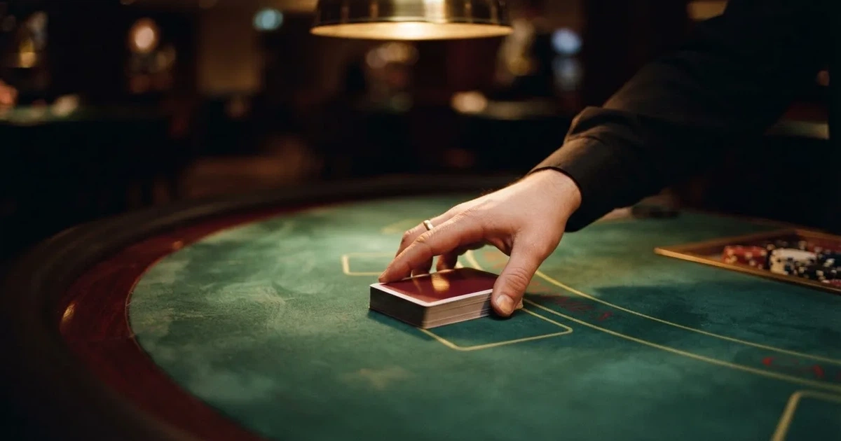 Croupierens händer blandar kort på grönt filt, taklampan speglas i den blanka kortbunten — spela spelautomater i sverige