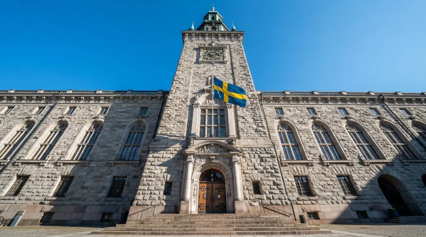 Ett gammalt stadshus i sten fotograferat underifrån mot en klarblå himmel, med den svenska flaggan som fladdrar ovanför entrén.