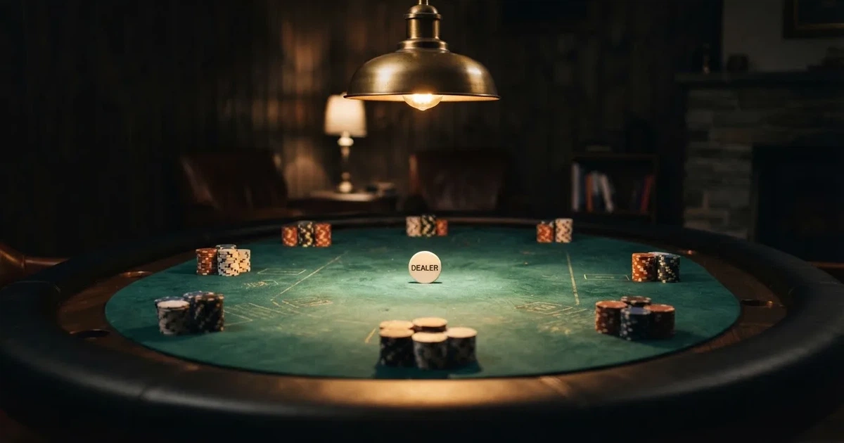 Ett ovalt pokerbord under en lågt hängande lampa, med spelmarker och en vit bricka i ljuset — spelautomater på nätet