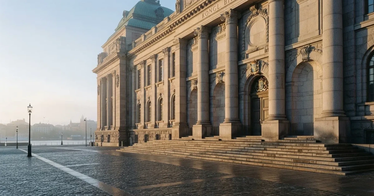 Stenfasad på en statlig byggnad i Stockholm vid gryning, höga pelare och ett tomt torg framför — svenska blackjack regler
