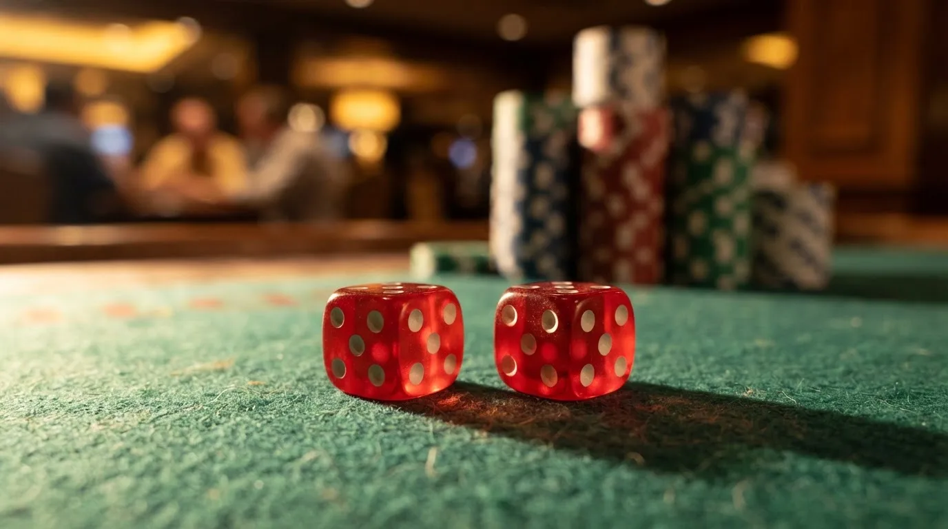 Röda tärningar vilar på grönt filt, bakom dem suddiga torn av spelmarker i kvällsdunklet — svenska casinon för high rollers