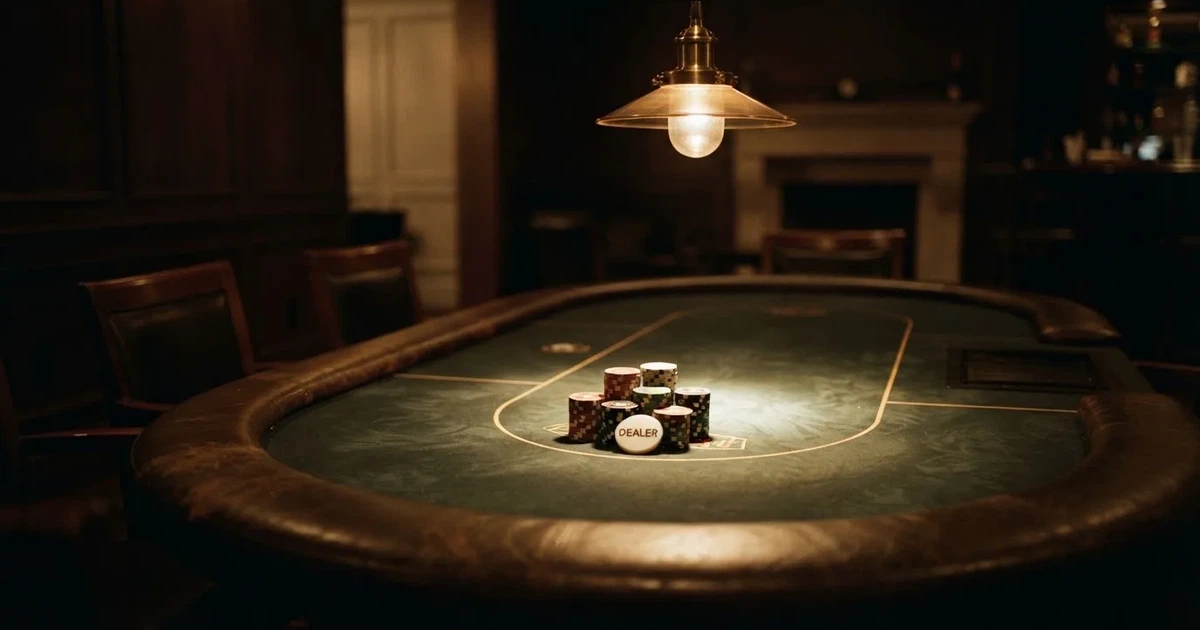 Ett ovalt pokerbord under en lågt hängande lampa, med spelmarker och en vit bricka i ljuset — svenska casinon för high rollers