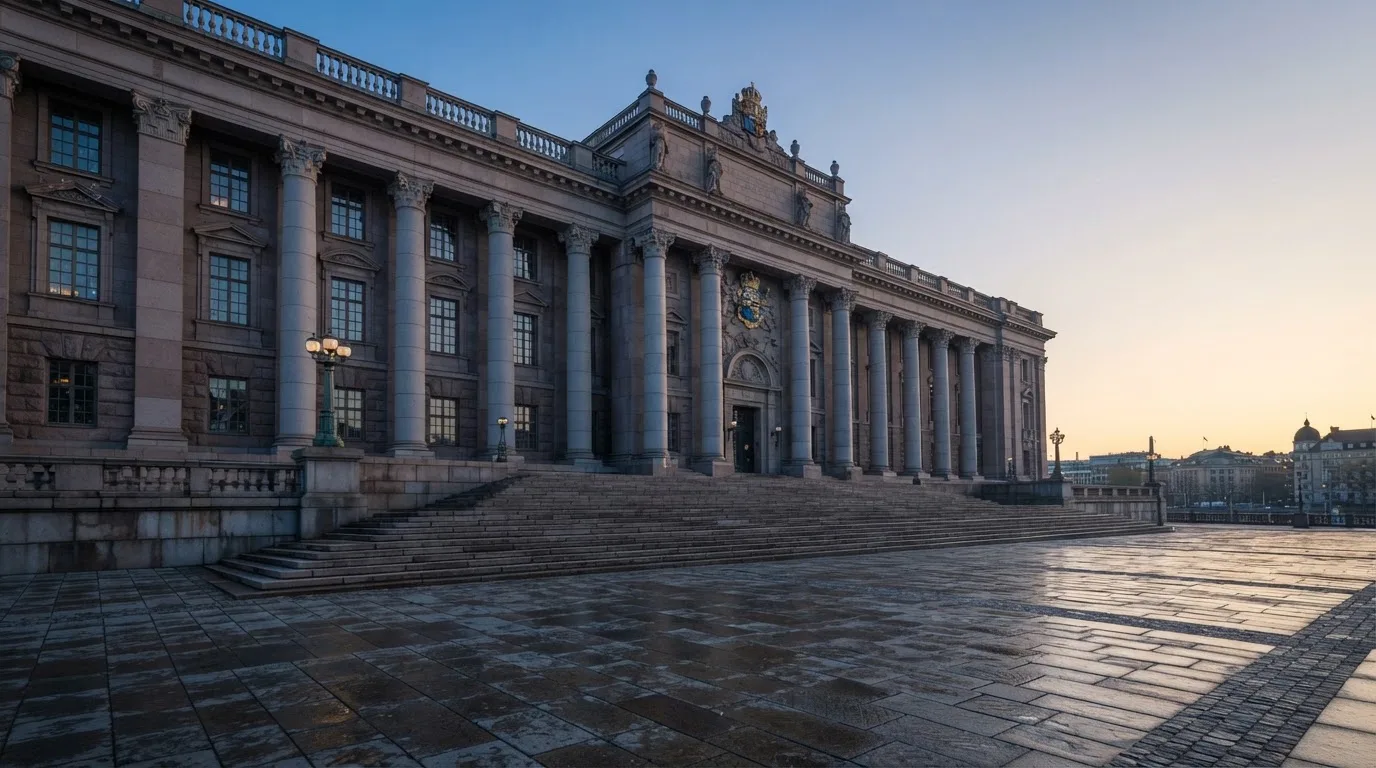 Stenfasad på en statlig byggnad i Stockholm vid gryning, höga pelare och ett tomt torg framför — svenska casinon för high rollers