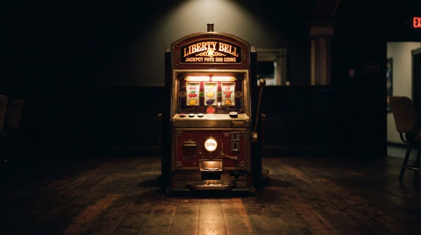 En gammal spelautomat lyser i den dunkla hallen och speglar sig i golvet — svenska casinon för storspelare
