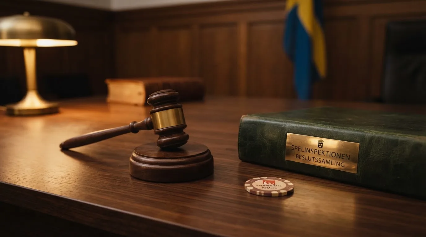 En domarklubba bredvid en sluten läderpärm på ett mörkt bord, ekpanel bakom — svenska casinon med apple pay