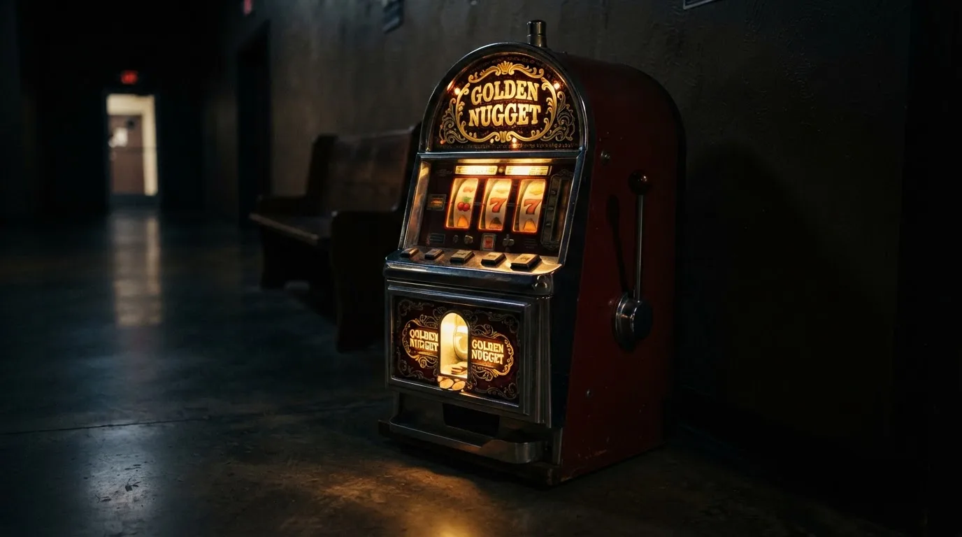 En gammal spelautomat lyser i den dunkla hallen och speglar sig i golvet — svenska casinon med banköverföring