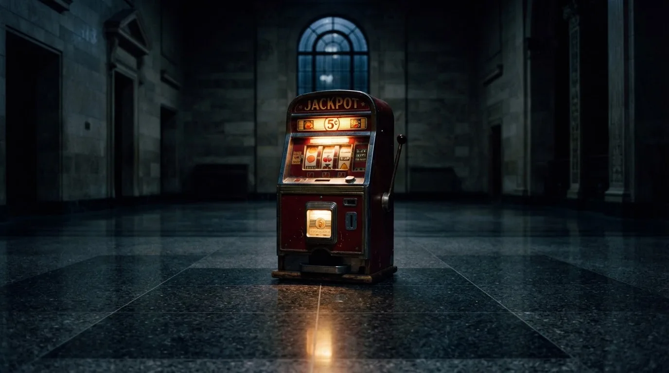 En gammal spelautomat lyser i den dunkla hallen och speglar sig i golvet — svenska casinon med bitcoin