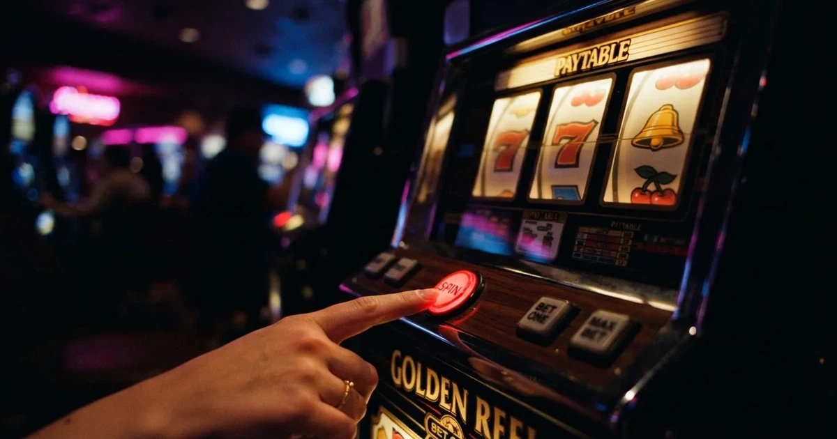 Ett finger trycker på spelautomatens klarröda knapp i dunklet, neonljus lyser runt omkring — svenska casinon med bonus
