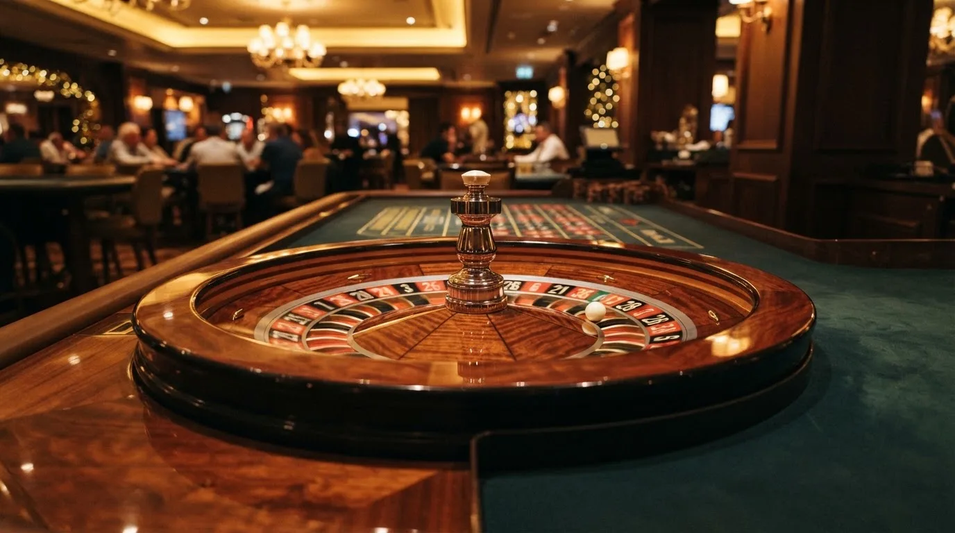 Ett roulettehjul snurrar på ett blankt träbord, den vita kulan glimmar i takljusets guld — svenska casinon med brite