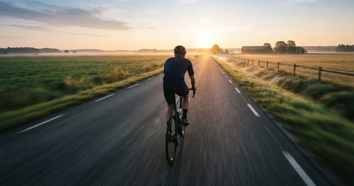 En cyklist susar längs en landsväg vid soluppgång, farten gör åkrarna suddiga i bakgrunden — svenska casinon med brite