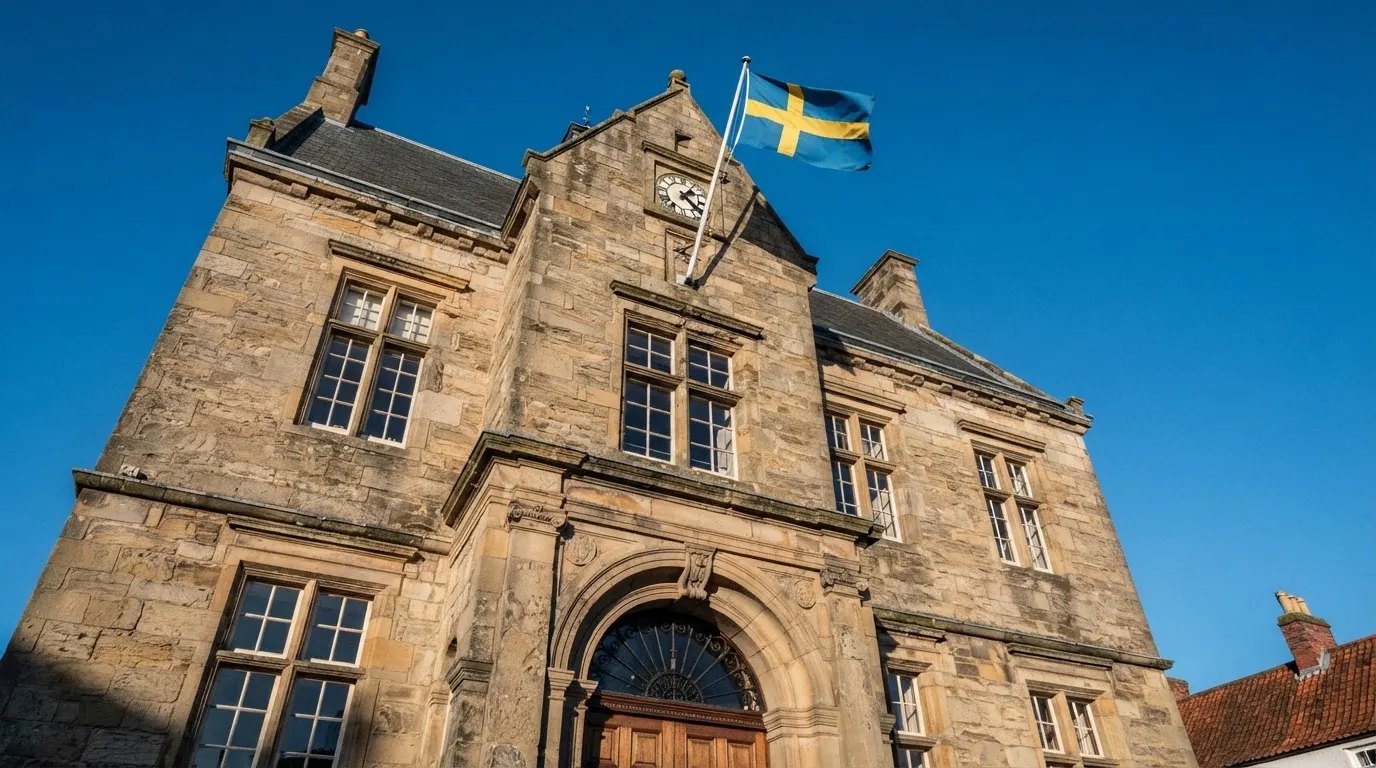 Ett gammalt stadshus i sten fotograferat underifrån mot en klarblå himmel, med den svenska flaggan som fladdrar ovanför entrén.