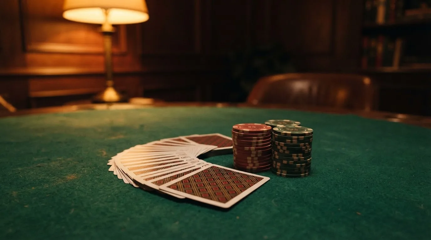 Kortlek och staplar av spelmarker på ett grönt filtbord i en dunkel salong, varmt lampsken — svenska casinon med faktura