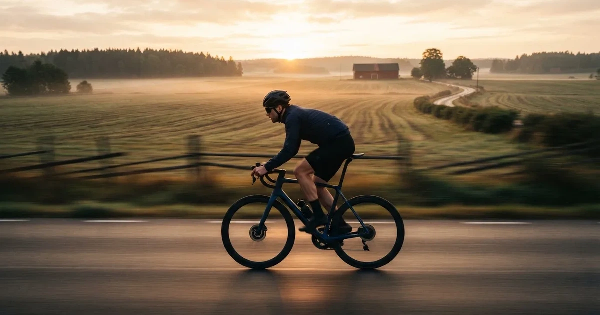 En cyklist susar längs en landsväg vid soluppgång, farten gör åkrarna suddiga i bakgrunden — svenska casinon med faktura
