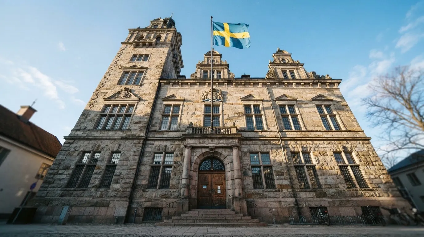 Ett gammalt stadshus i sten fotograferat underifrån mot en klarblå himmel, med den svenska flaggan som fladdrar ovanför entrén.