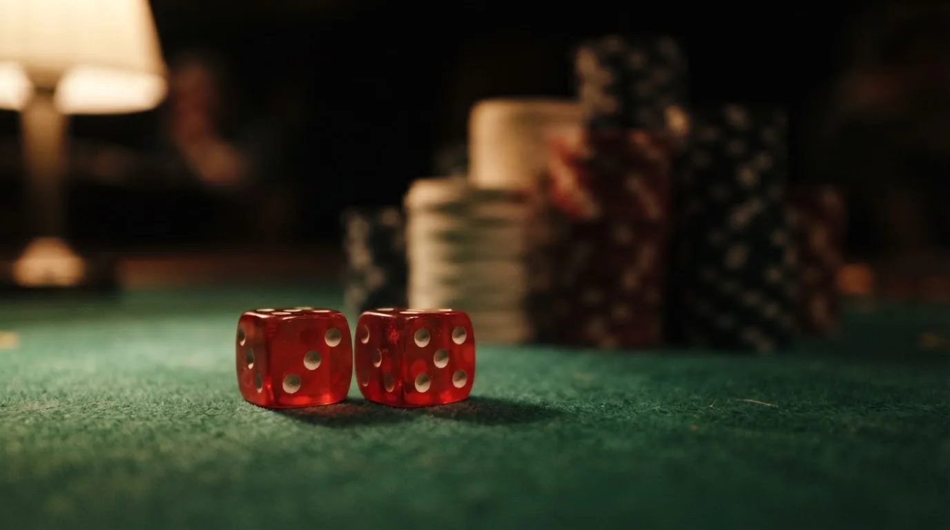 Röda tärningar vilar på grönt filt, bakom dem suddiga torn av spelmarker i kvällsdunklet — svenska casinon med google pay