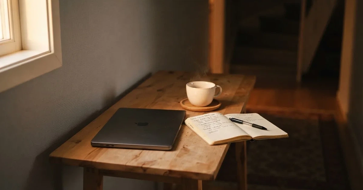 Kaffekopp och penna på ett smalt hallbord i skymning, en stängd bärbar dator vid sidan — svenska casinon med google pay