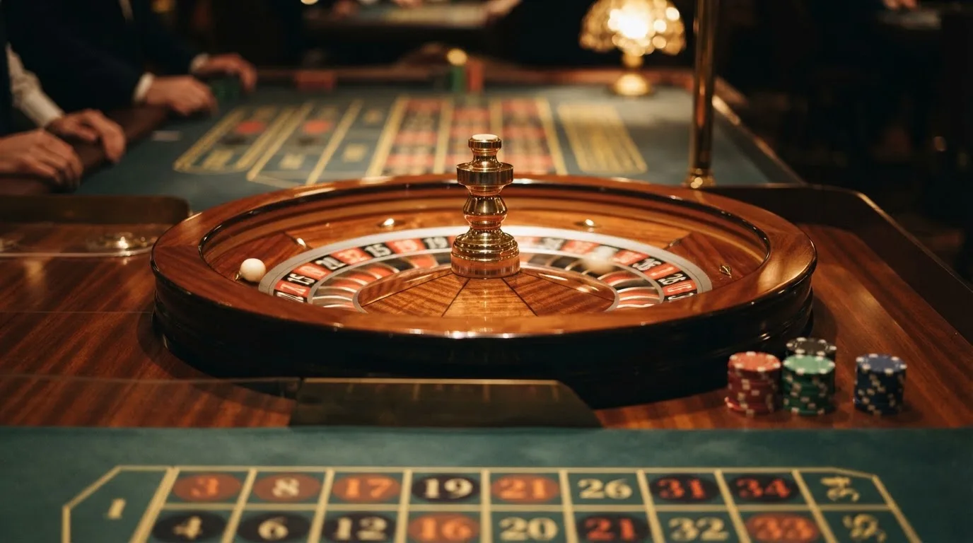 Ett roulettehjul snurrar på ett blankt träbord, den vita kulan glimmar i takljusets guld — svenska casinon med högst rtp