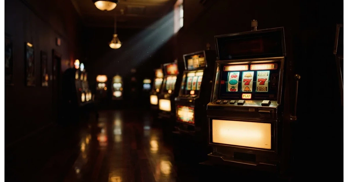 En rad spelskåp i en dunkel hall, rullarna lyser i olika färger och golvet speglar dem — svenska casinon med högst rtp