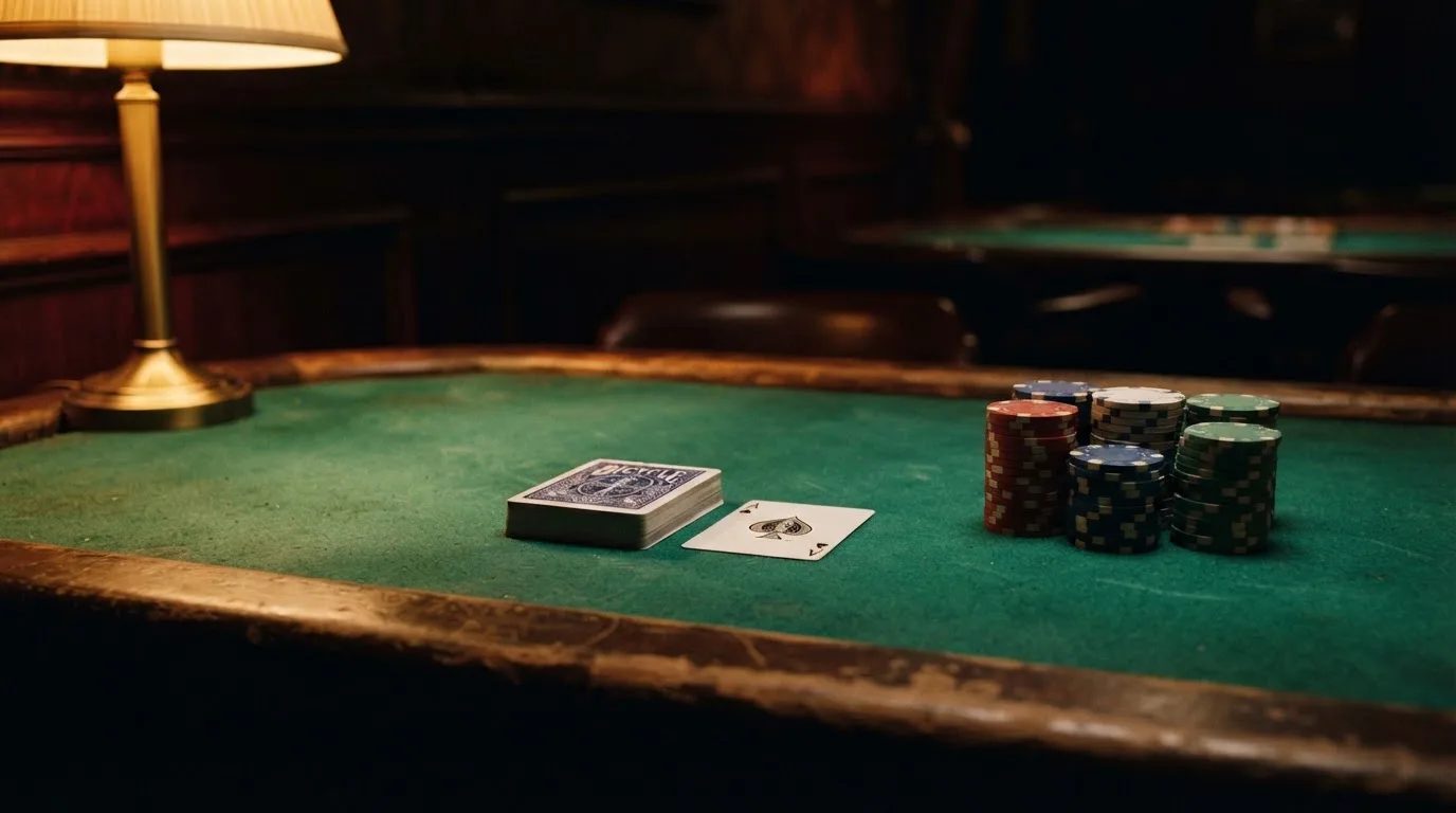 Kortlek och staplar av spelmarker på ett grönt filtbord i en dunkel salong, varmt lampsken — svenska casinon med jeton