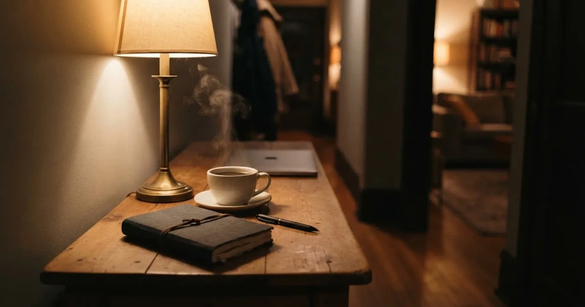 Kaffekopp och penna på ett smalt hallbord i skymning, en stängd bärbar dator vid sidan — svenska casinon med jeton