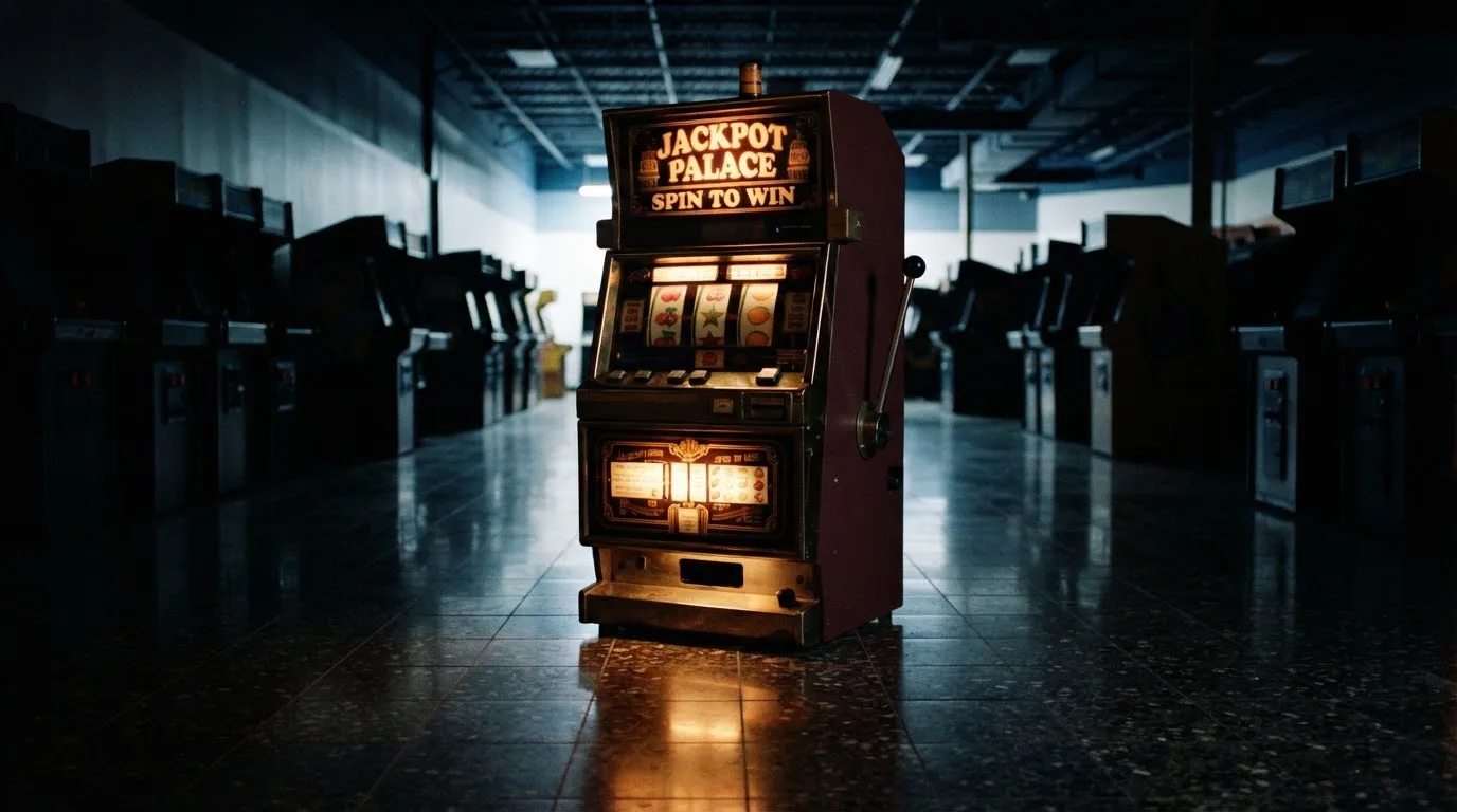 En gammal spelautomat lyser i den dunkla hallen och speglar sig i golvet — svenska casinon med keno