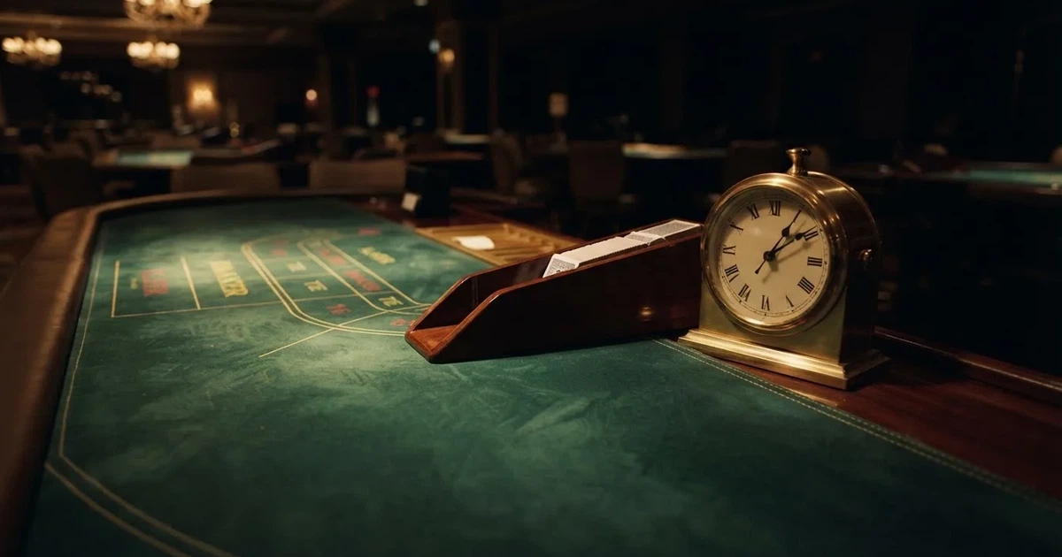 Grönt filt och en lång kortlåda av trä vid bordskanten, bredvid en blank mässingsklocka — svenska casinon med keno