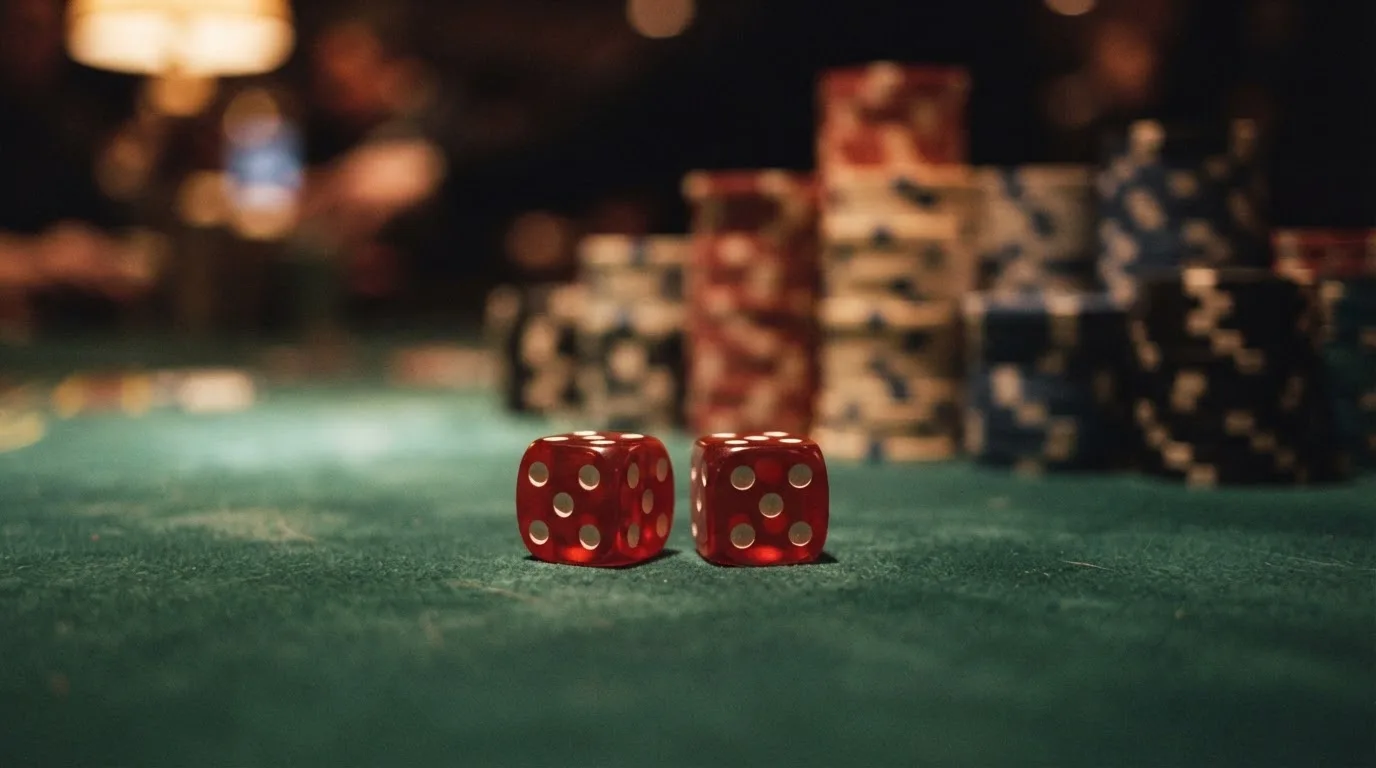 Röda tärningar vilar på grönt filt, bakom dem suddiga torn av spelmarker i kvällsdunklet — svenska casinon med klarna