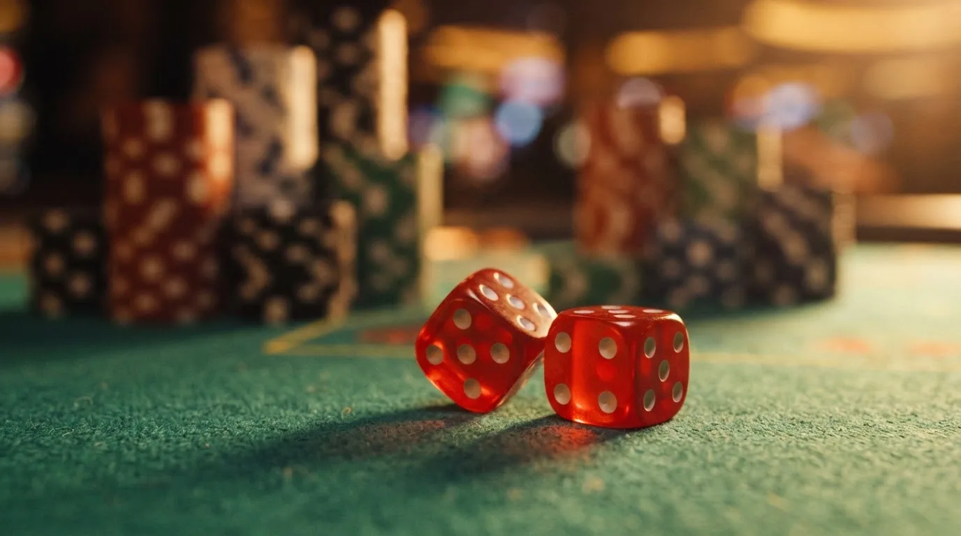 Röda tärningar vilar på grönt filt, bakom dem suddiga torn av spelmarker i kvällsdunklet — svenska casinon med litecoin