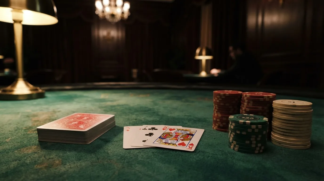 Kortlek och staplar av spelmarker på ett grönt filtbord i en dunkel salong, varmt lampsken — svenska casinon med mastercard