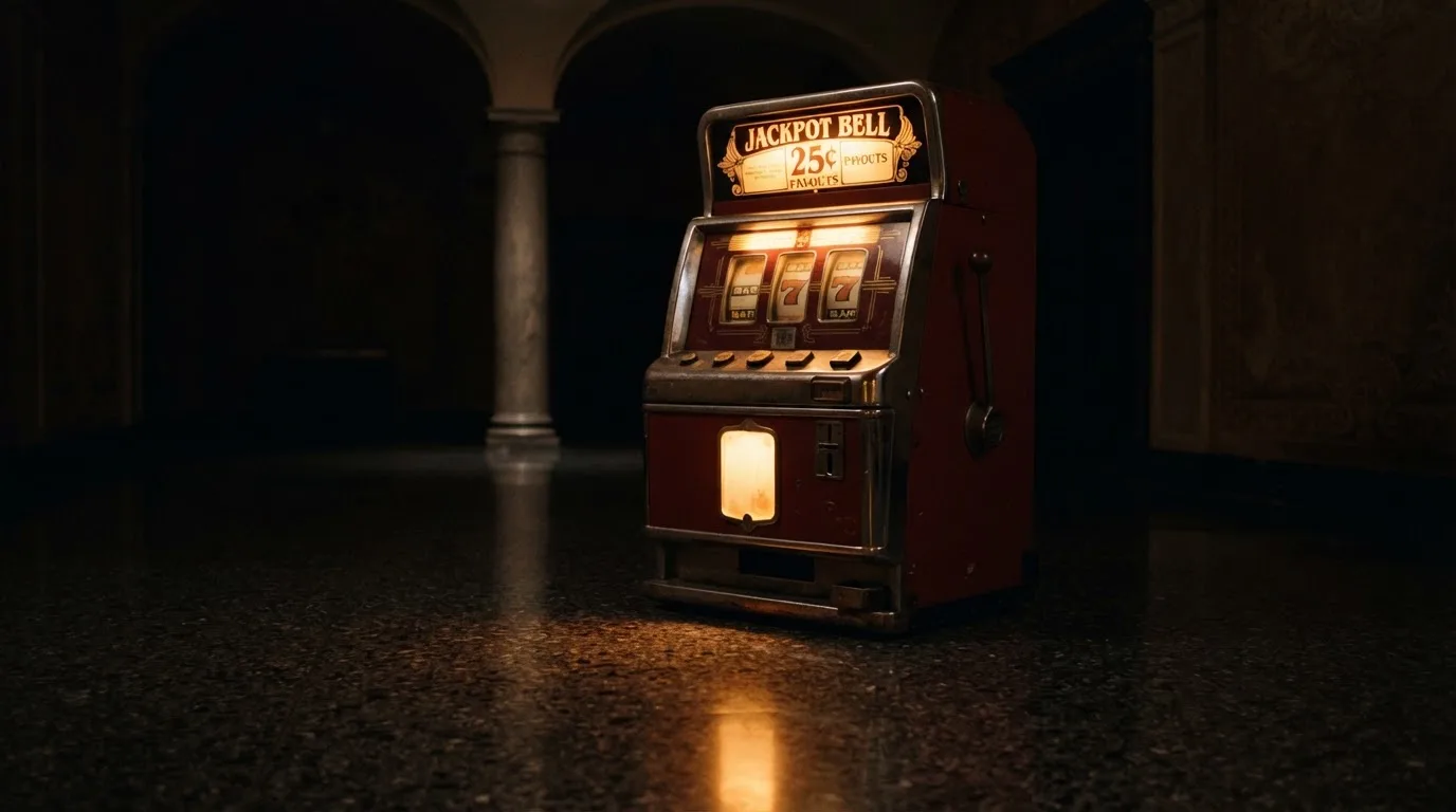 En gammal spelautomat lyser i den dunkla hallen och speglar sig i golvet — svenska casinon med mga licens