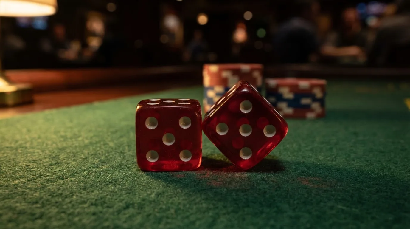 Röda tärningar vilar på grönt filt, bakom dem suddiga torn av spelmarker i kvällsdunklet — svenska casinon med neosurf