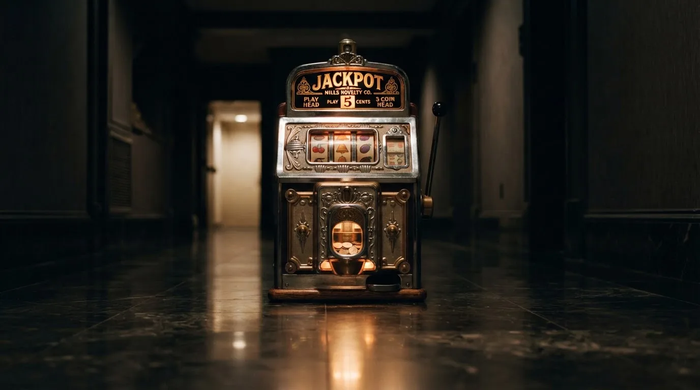 En gammal spelautomat lyser i den dunkla hallen och speglar sig i golvet — svenska casinon med neteller
