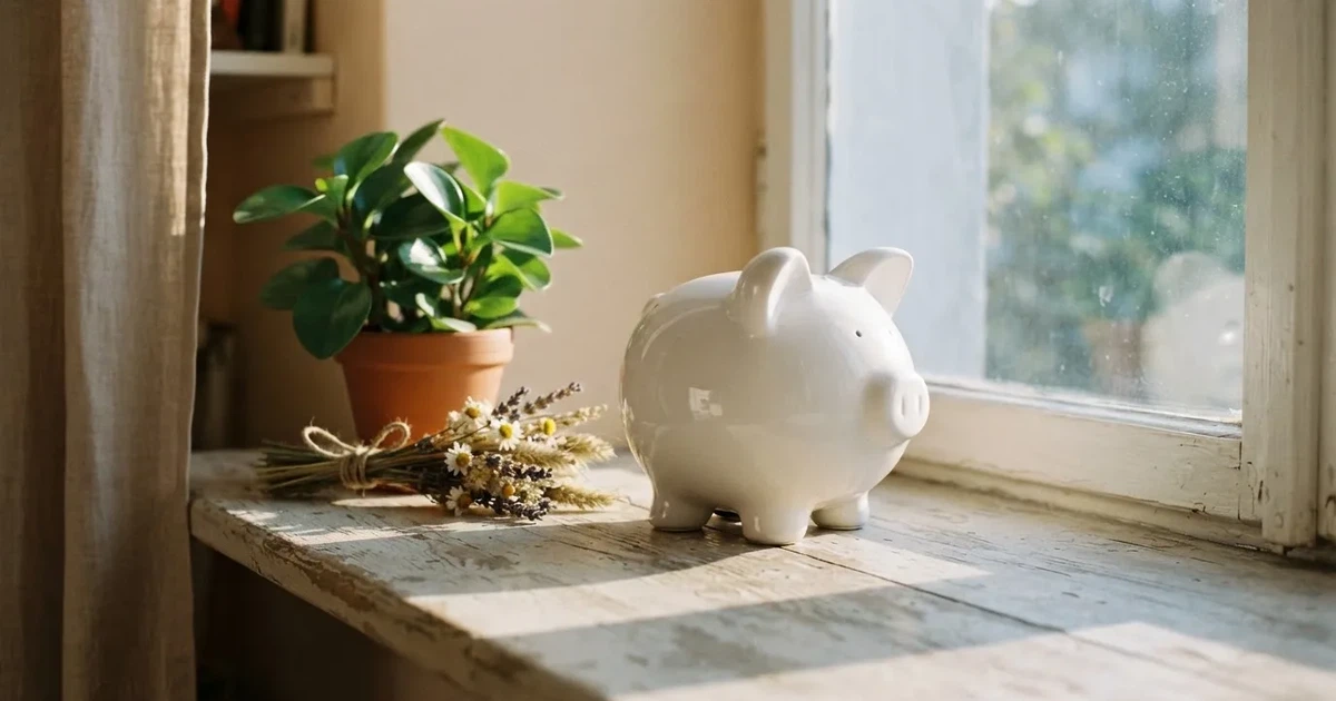 En porslinsgris på fönsterbrädan i morgonljus, bredvid en torkad blombukett och en grön växt — svenska casinon med neteller