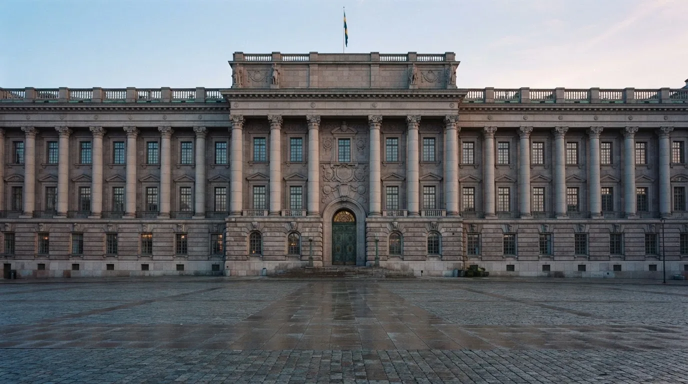 Stenfasad på en statlig byggnad i Stockholm vid gryning, höga pelare och ett tomt torg framför — svenska casinon med neteller