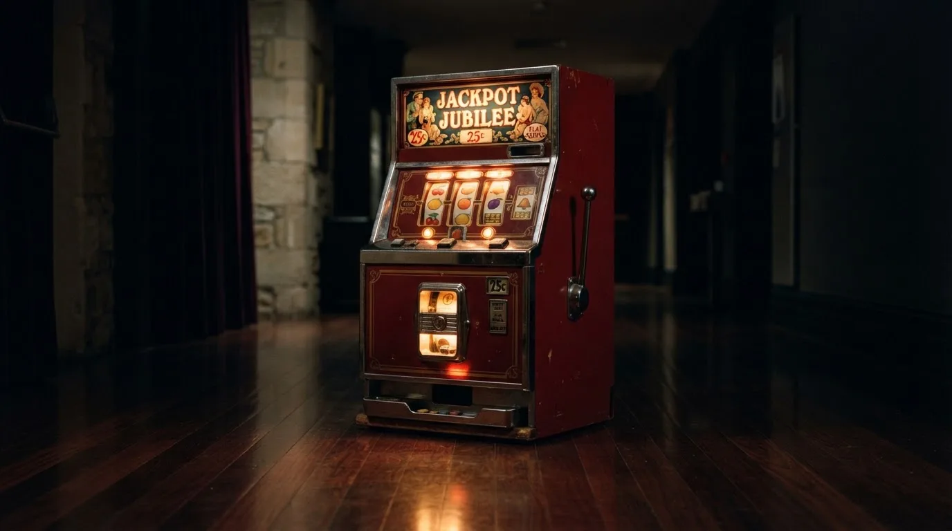En gammal spelautomat lyser i den dunkla hallen och speglar sig i golvet — svenska casinon med paypal