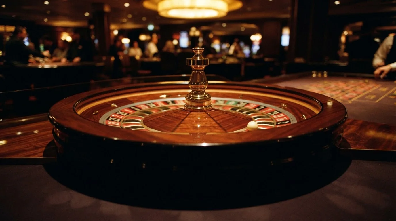 Ett roulettehjul snurrar på ett blankt träbord, den vita kulan glimmar i takljusets guld — svenska casinon med paysafecard