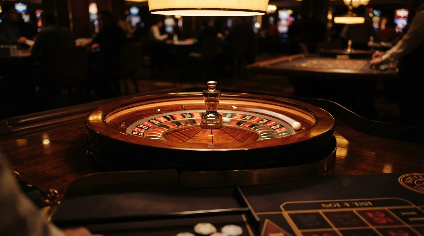 Ett roulettehjul snurrar på ett blankt träbord, den vita kulan glimmar i takljusets guld — svenska casinon med payz