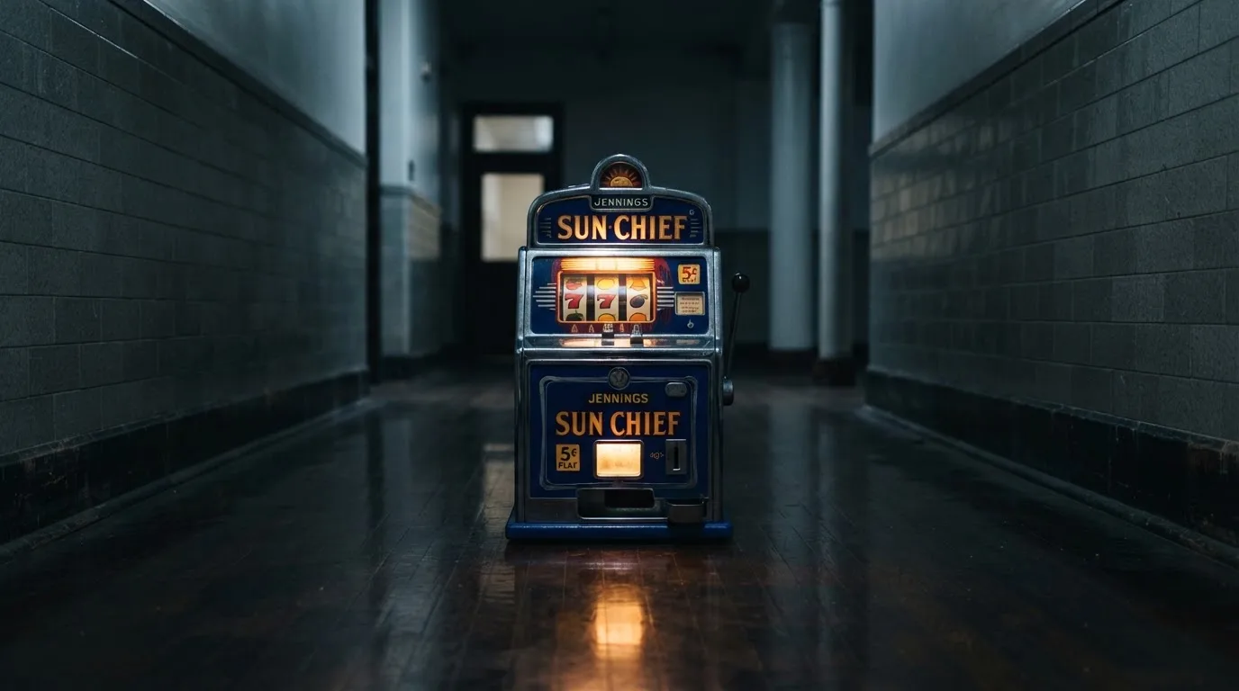 En gammal spelautomat lyser i den dunkla hallen och speglar sig i golvet — svenska casinon med siru