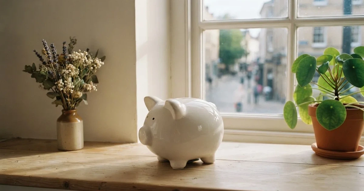 En porslinsgris på fönsterbrädan i morgonljus, bredvid en torkad blombukett och en grön växt — svenska casinon med siru