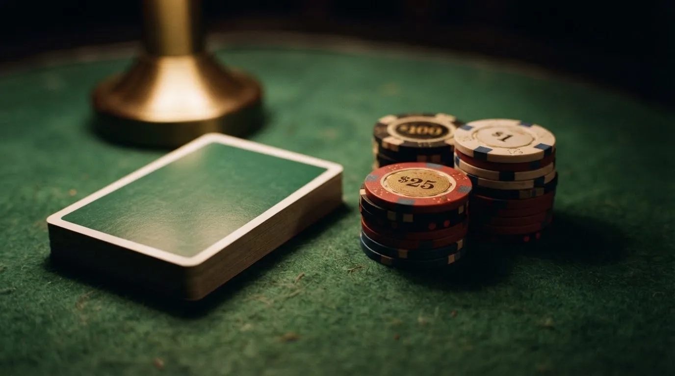 Kortlek och staplar av spelmarker på ett grönt filtbord i en dunkel salong, varmt lampsken — svenska casinon med skrill