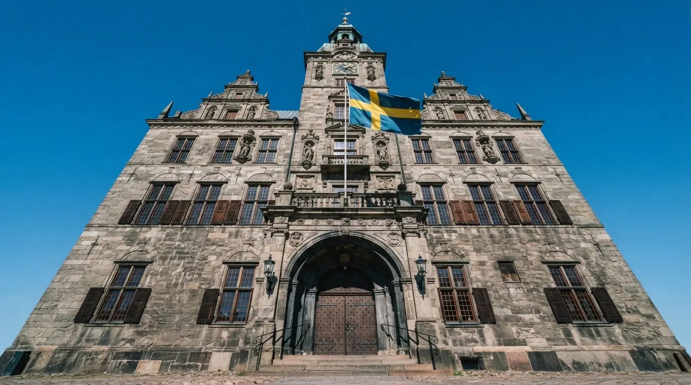 Ett gammalt stadshus i sten fotograferat underifrån mot en klarblå himmel, med den svenska flaggan som fladdrar ovanför entrén.