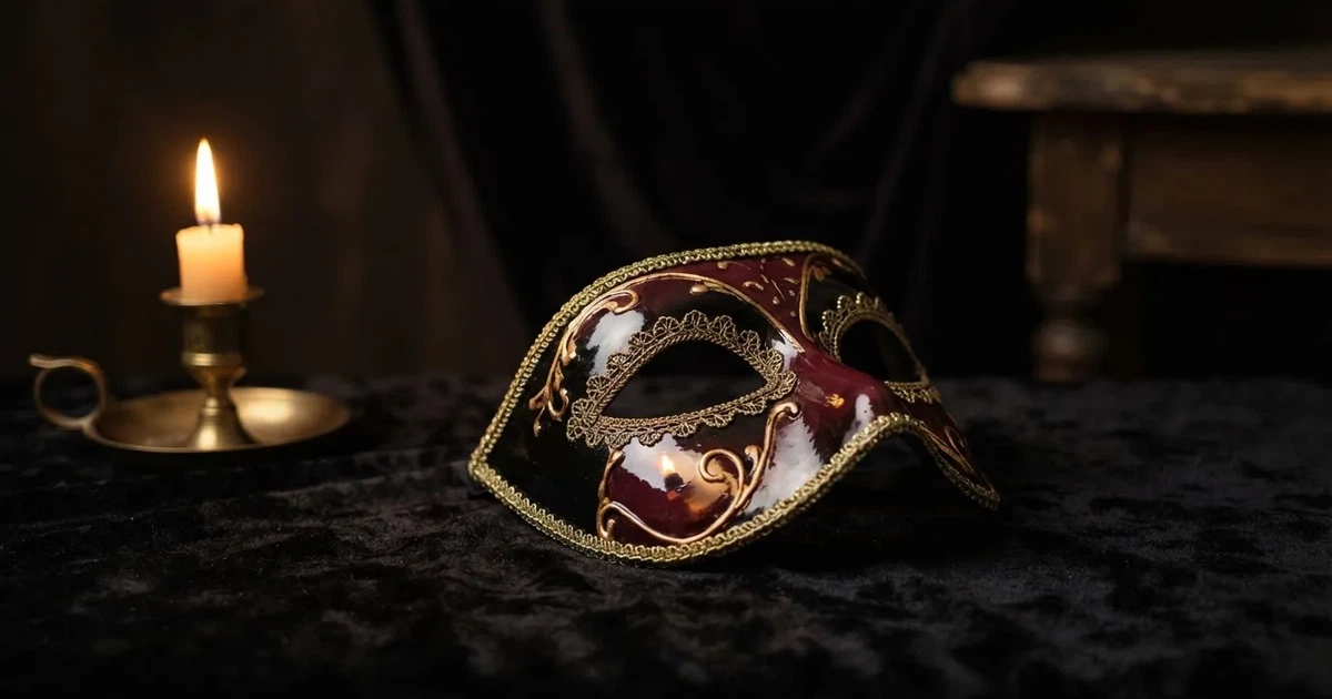 En venetiansk mask på svart sammet, ljuslågan speglas i dess blanka yta — svenska casinon med tether