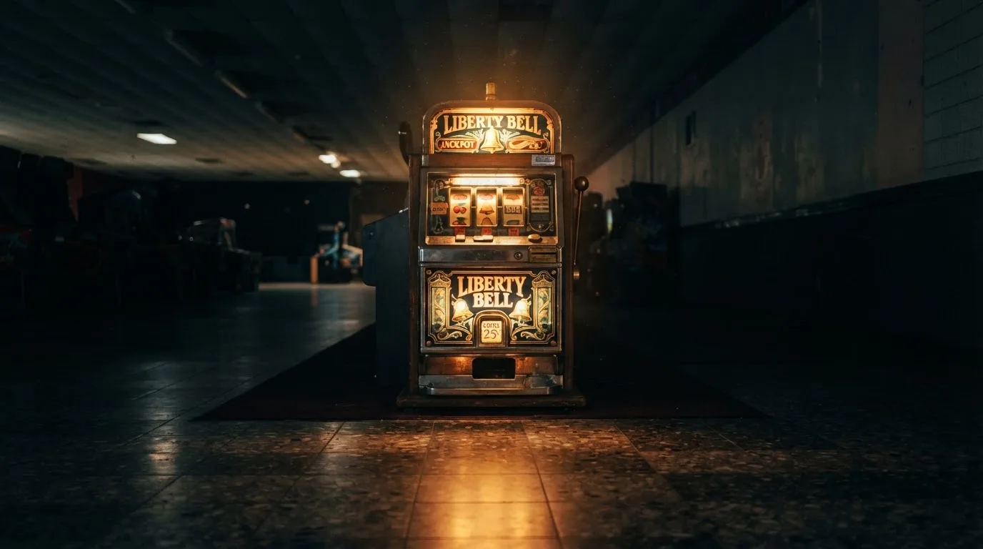 En gammal spelautomat lyser i den dunkla hallen och speglar sig i golvet — svenska casinon med tron