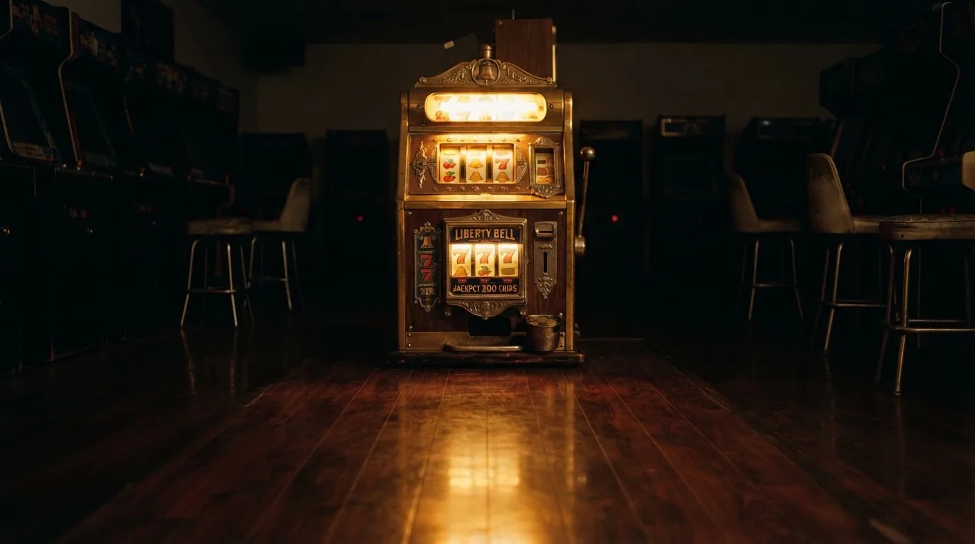 En gammal spelautomat lyser i den dunkla hallen och speglar sig i golvet — svenska casinon med visa